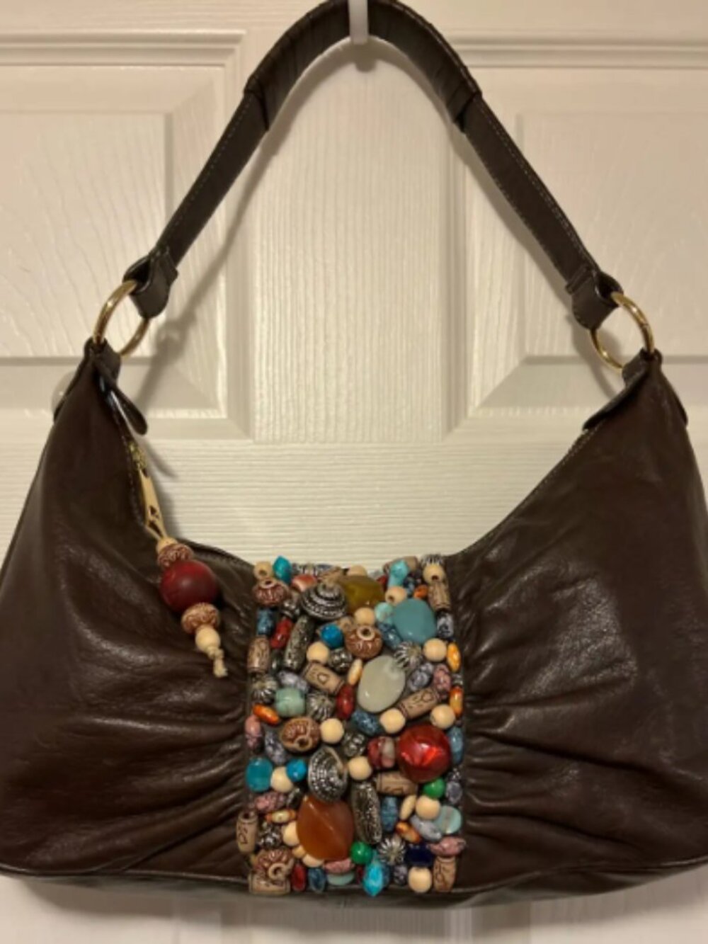 Brown leather boho style handbag with stones